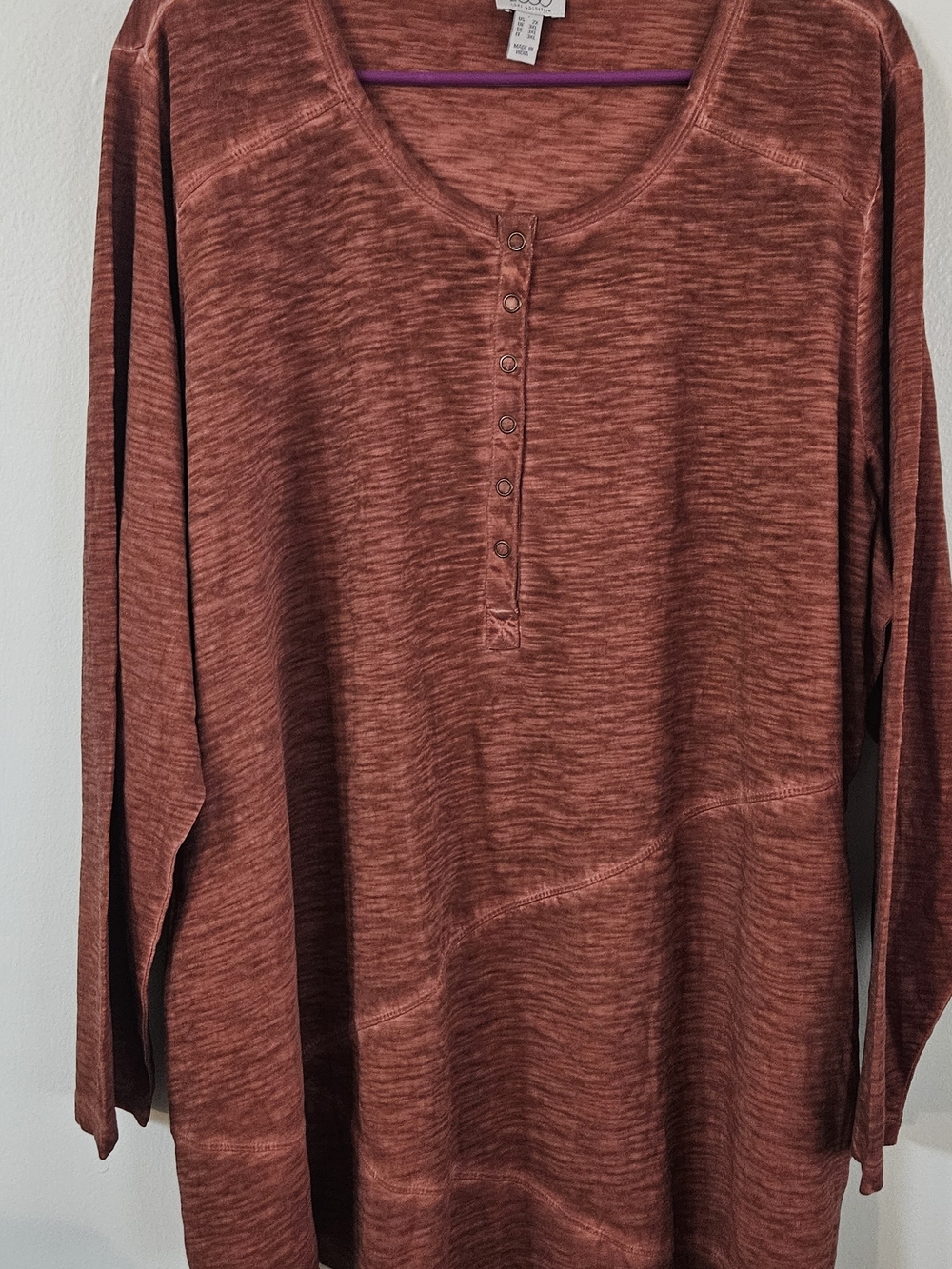 Logo Lori Goldstein Long-Sleeve Henley in Washed Rust Shirt/ Tunic. Fall, Cozi
